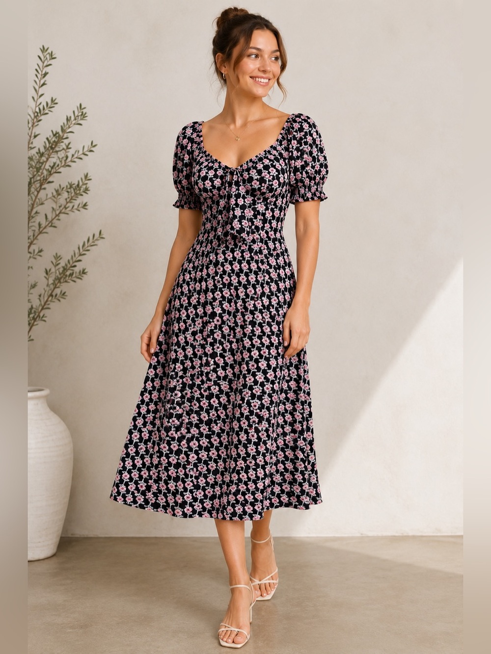 Mimi Chica Pink Floral Midi Dress on Black